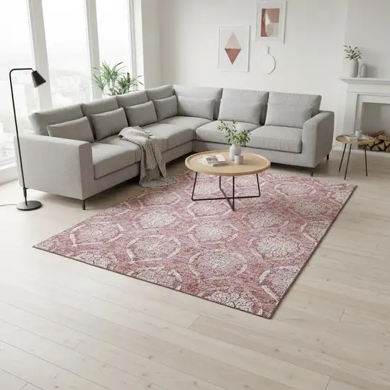 Pink And Ivory Medallion Washable Area Rug With UV Protection Photo 2