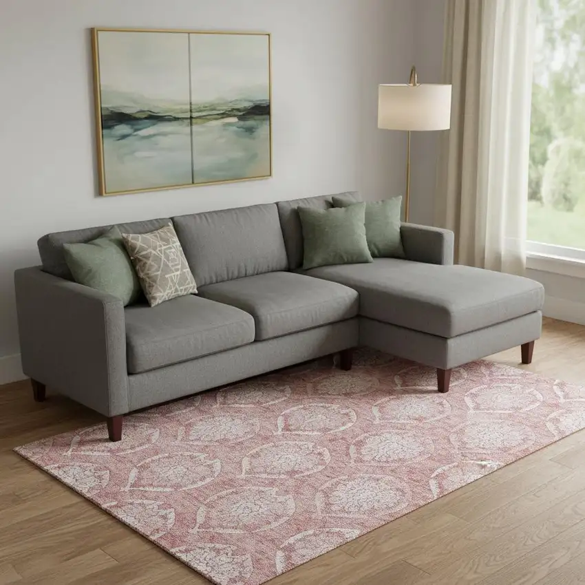 Pink And Ivory Medallion Washable Area Rug With UV Protection Photo 1