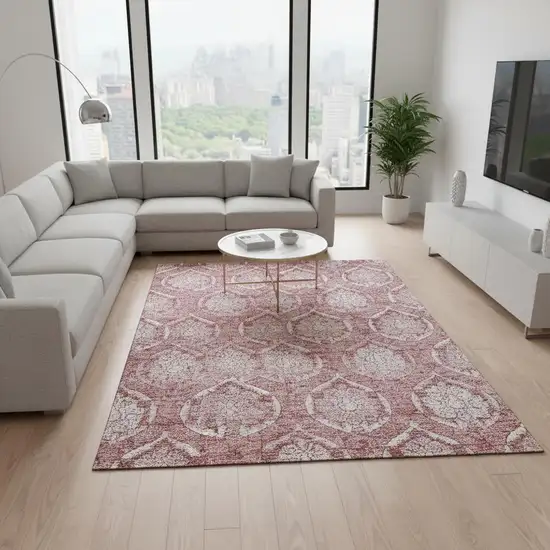 Pink And Ivory Medallion Washable Area Rug With UV Protection Photo 2