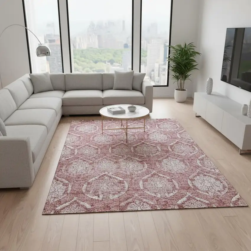 Pink And Ivory Medallion Washable Area Rug With UV Protection Photo 2
