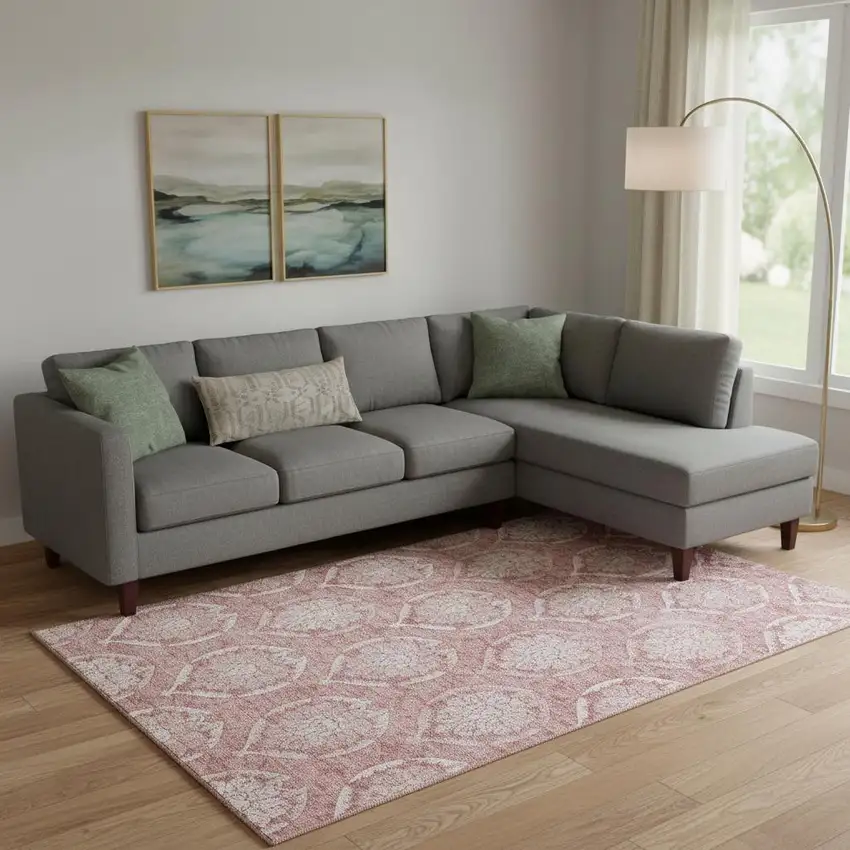 Pink And Ivory Medallion Washable Area Rug With UV Protection Photo 1