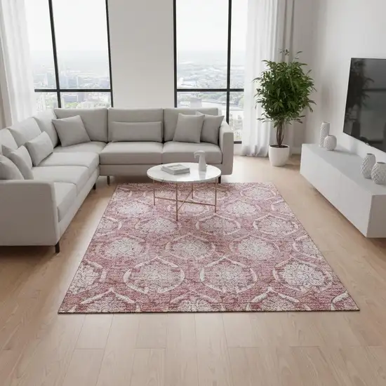 Pink And Ivory Medallion Washable Area Rug With UV Protection Photo 2
