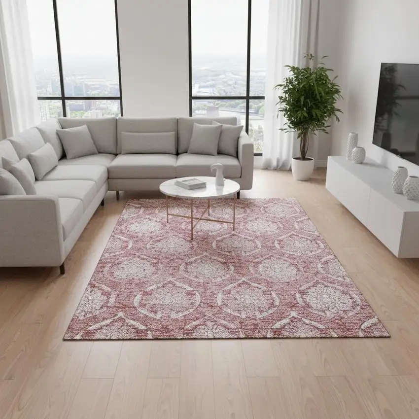 Pink And Ivory Medallion Washable Area Rug With UV Protection Photo 2