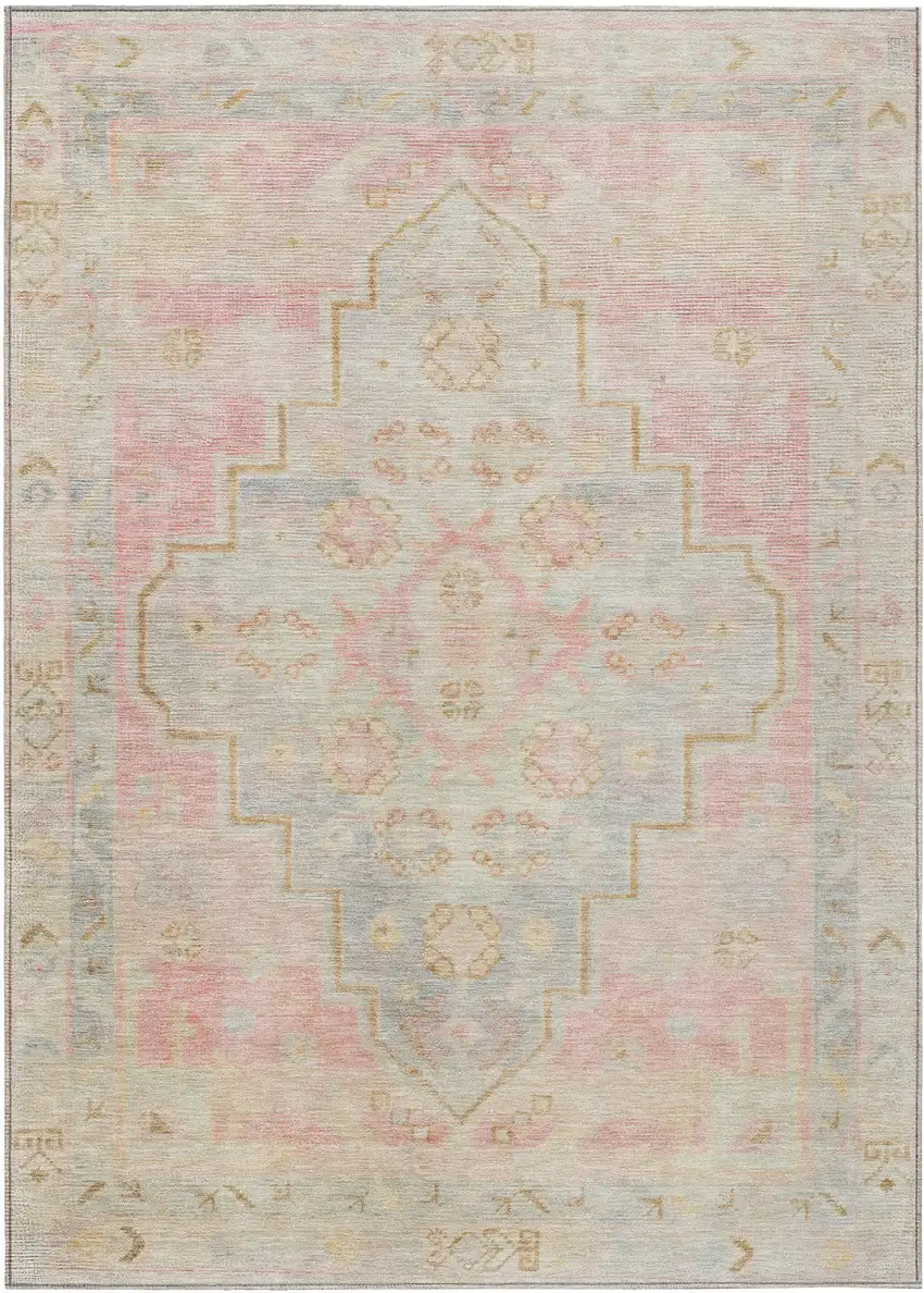 Pink And Ivory Medallion Washable Indoor Outdoor Area Rug Photo 1