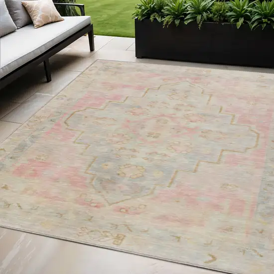 Pink And Ivory Medallion Washable Indoor Outdoor Area Rug Photo 2