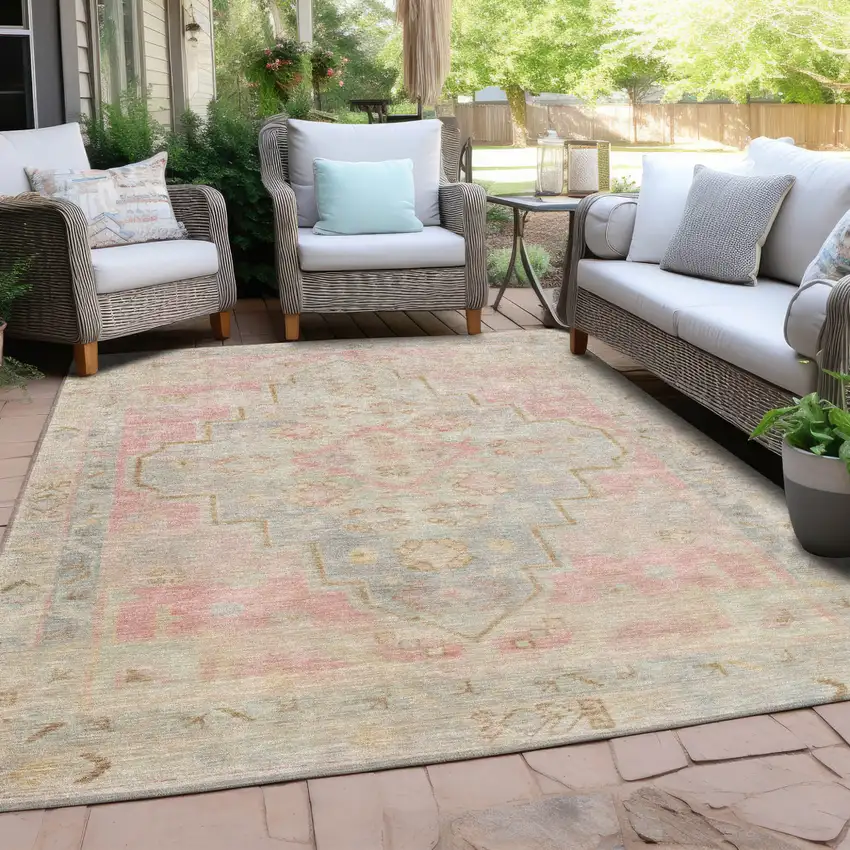 Pink And Ivory Medallion Washable Indoor Outdoor Area Rug Photo 6