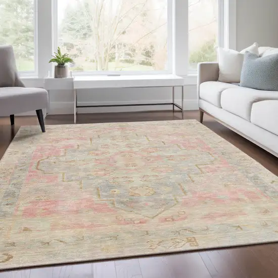 Pink And Ivory Medallion Washable Indoor Outdoor Area Rug Photo 8