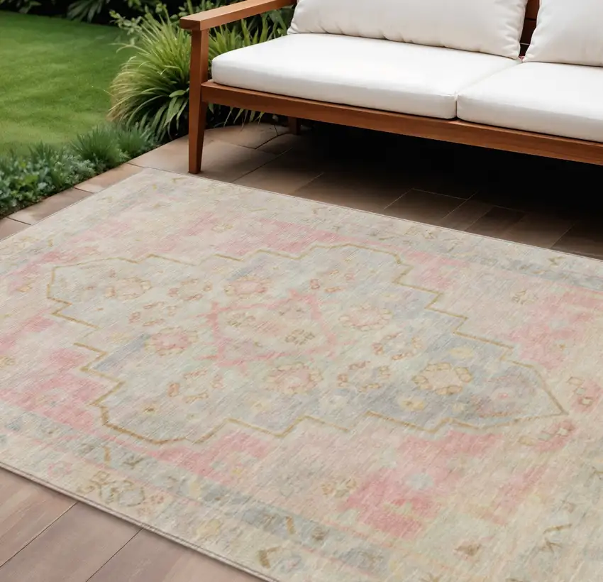 Pink And Ivory Medallion Washable Indoor Outdoor Area Rug Photo 2