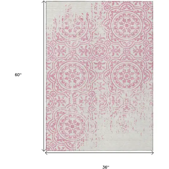 Pink And Ivory Medallion Washable Indoor Outdoor Area Rug Photo 6