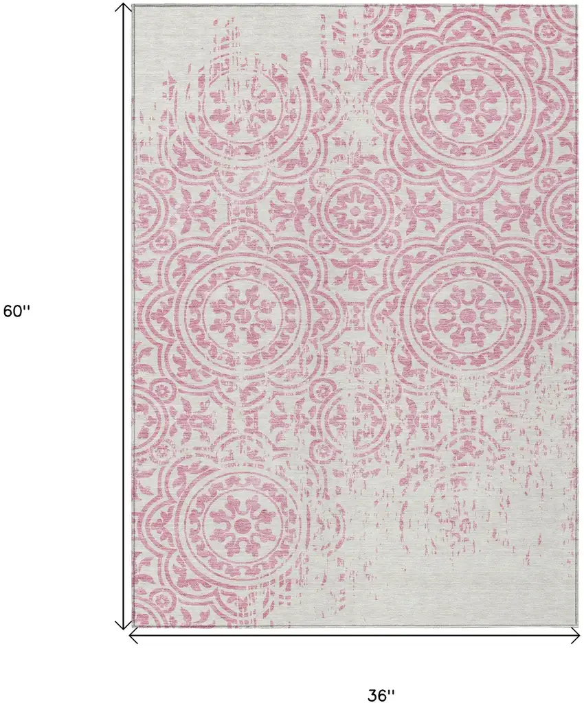 Pink And Ivory Medallion Washable Indoor Outdoor Area Rug Photo 6
