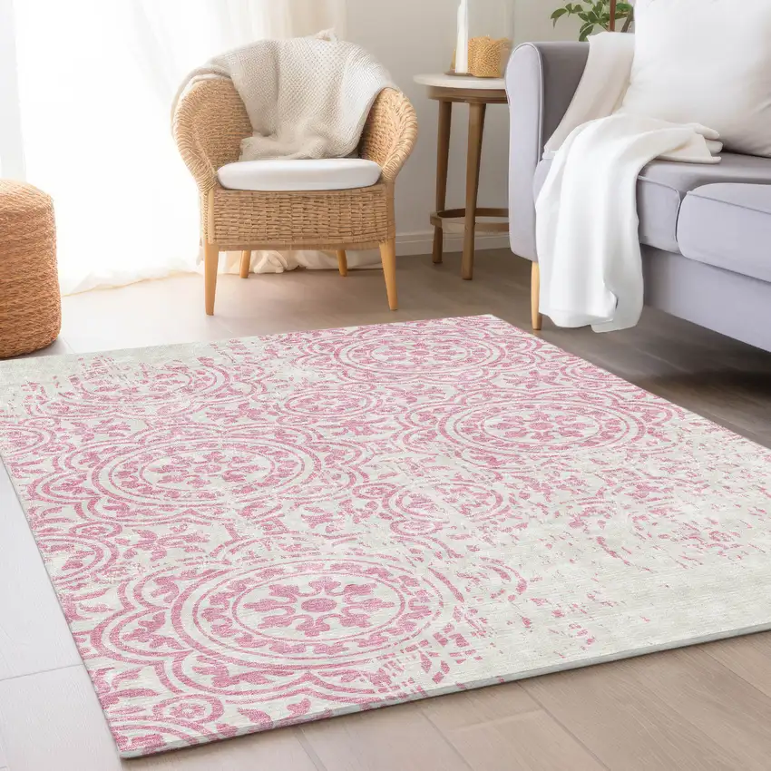 Pink And Ivory Medallion Washable Indoor Outdoor Area Rug Photo 7