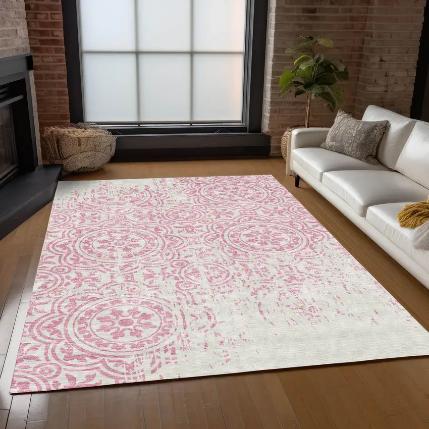 Pink And Ivory Medallion Washable Indoor Outdoor Area Rug Photo 8