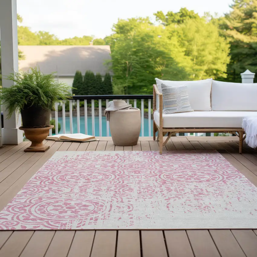 Pink And Ivory Medallion Washable Indoor Outdoor Area Rug Photo 9