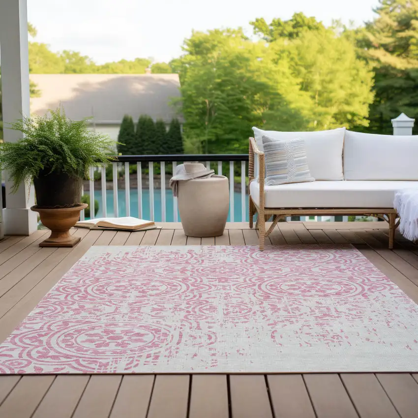 Pink And Ivory Medallion Washable Indoor Outdoor Area Rug Photo 9