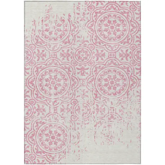 Pink And Ivory Medallion Washable Indoor Outdoor Area Rug Photo 2