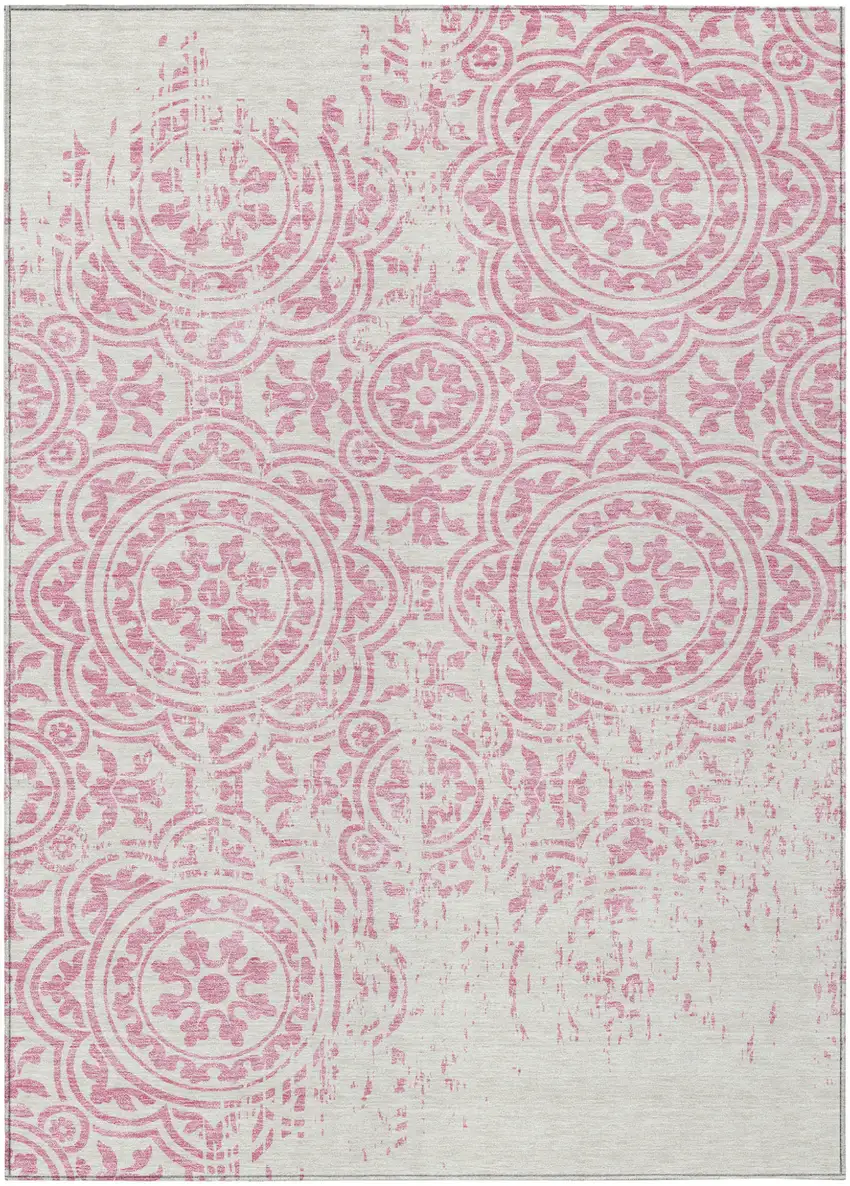 Pink And Ivory Medallion Washable Indoor Outdoor Area Rug Photo 2