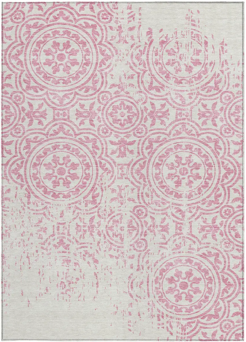 Pink And Ivory Medallion Washable Indoor Outdoor Area Rug Photo 4