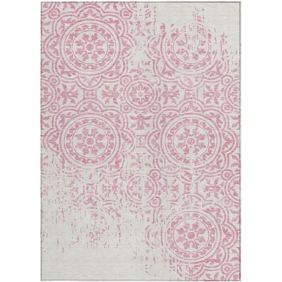 Pink And Ivory Medallion Washable Indoor Outdoor Area Rug Photo 4