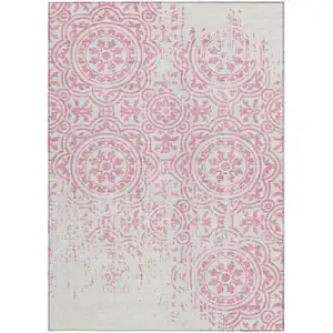 Photo of Pink And Ivory Medallion Washable Indoor Outdoor Area Rug