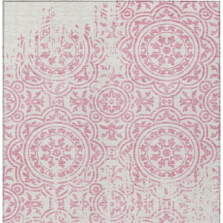 Pink And Ivory Medallion Washable Indoor Outdoor Area Rug Photo 5
