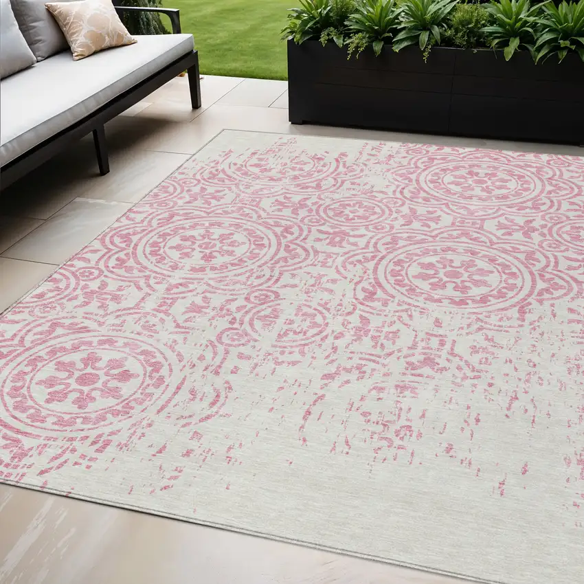Pink And Ivory Medallion Washable Indoor Outdoor Area Rug Photo 1