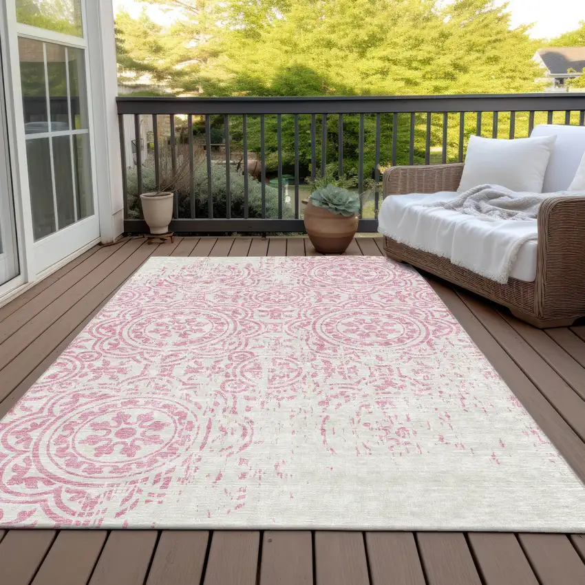 Pink And Ivory Medallion Washable Indoor Outdoor Area Rug Photo 5
