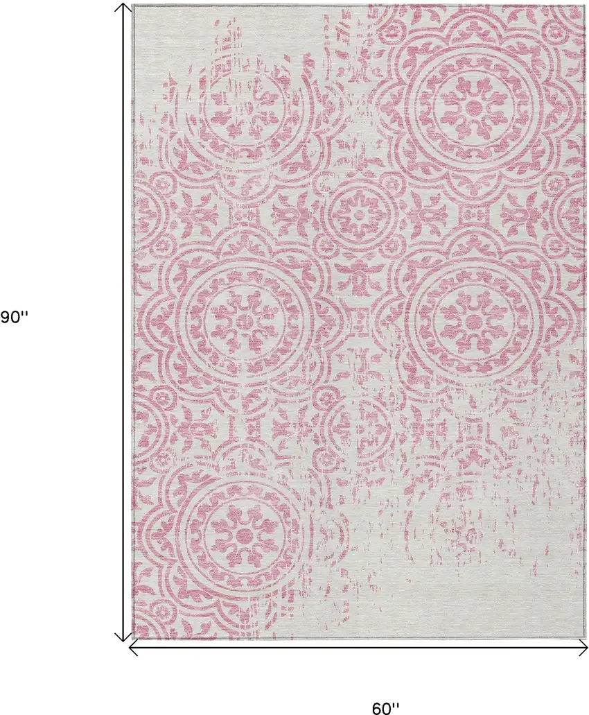 Pink And Ivory Medallion Washable Indoor Outdoor Area Rug Photo 9