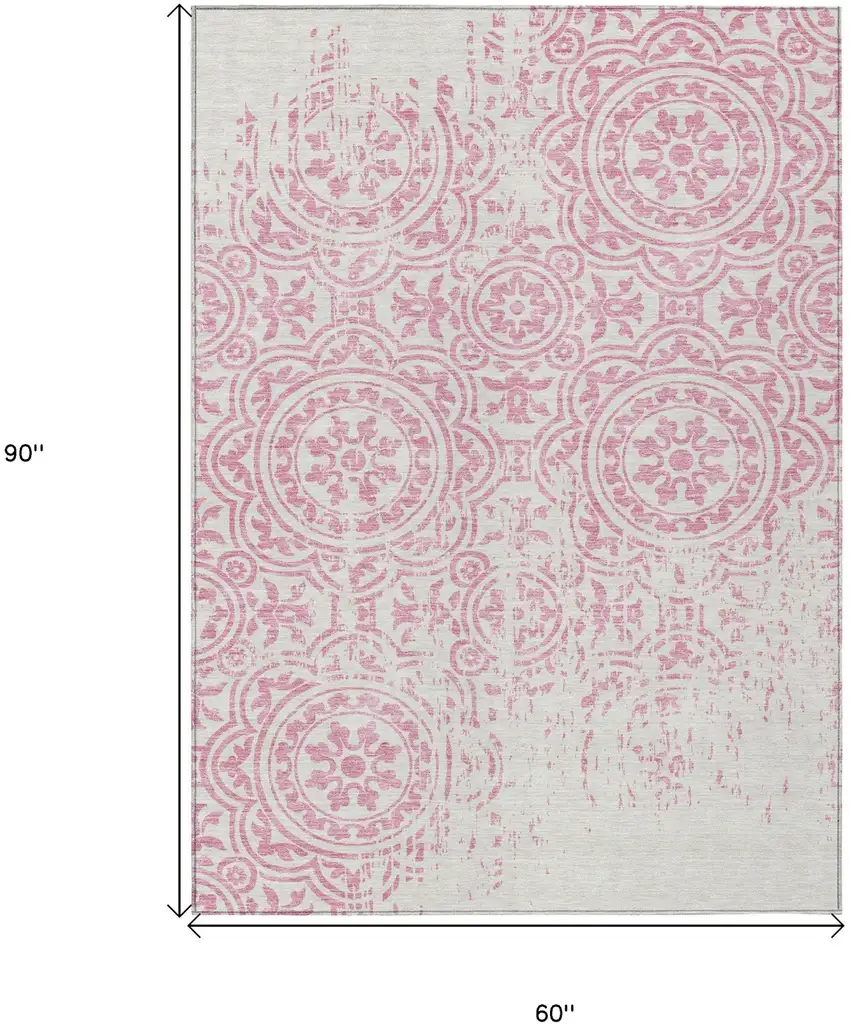 Pink And Ivory Medallion Washable Indoor Outdoor Area Rug Photo 9