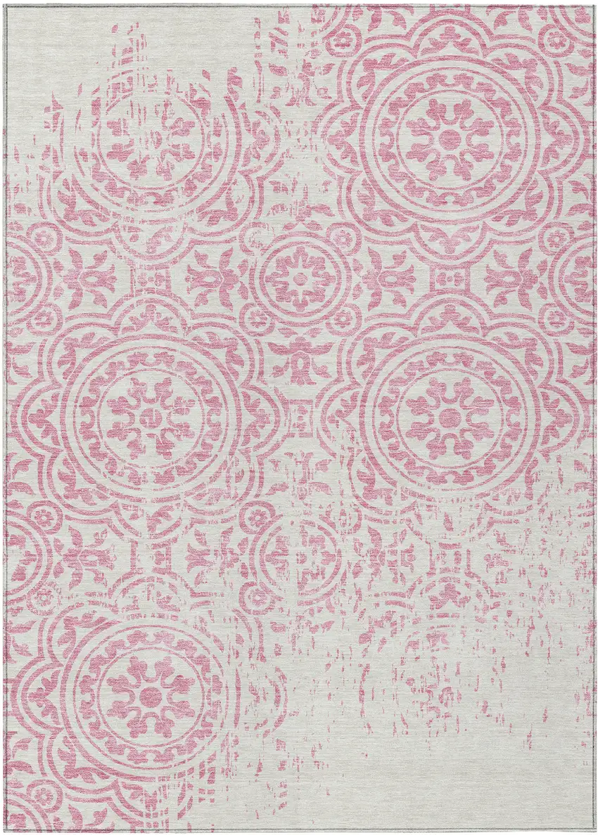 Pink And Ivory Medallion Washable Indoor Outdoor Area Rug Photo 1