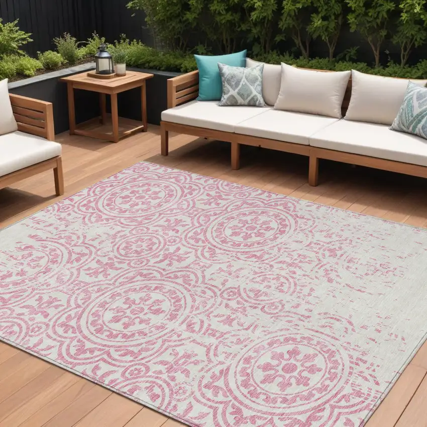 Pink And Ivory Medallion Washable Indoor Outdoor Area Rug Photo 1