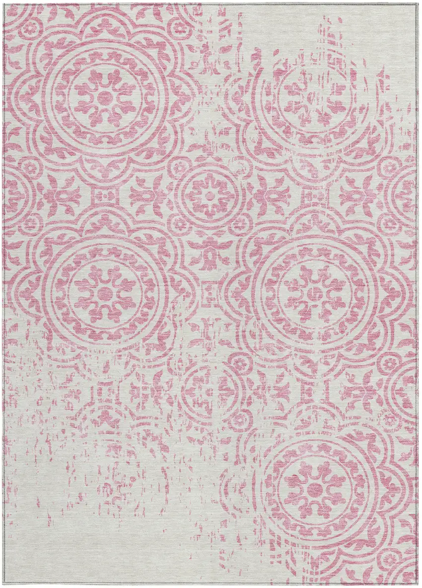 Pink And Ivory Medallion Washable Indoor Outdoor Area Rug Photo 4