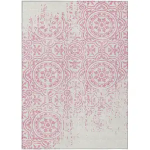 Photo of Pink And Ivory Medallion Washable Indoor Outdoor Area Rug