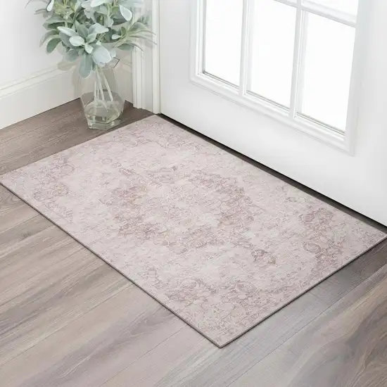 Pink And Ivory Oriental Washable Area Rug With UV Protection Photo 2