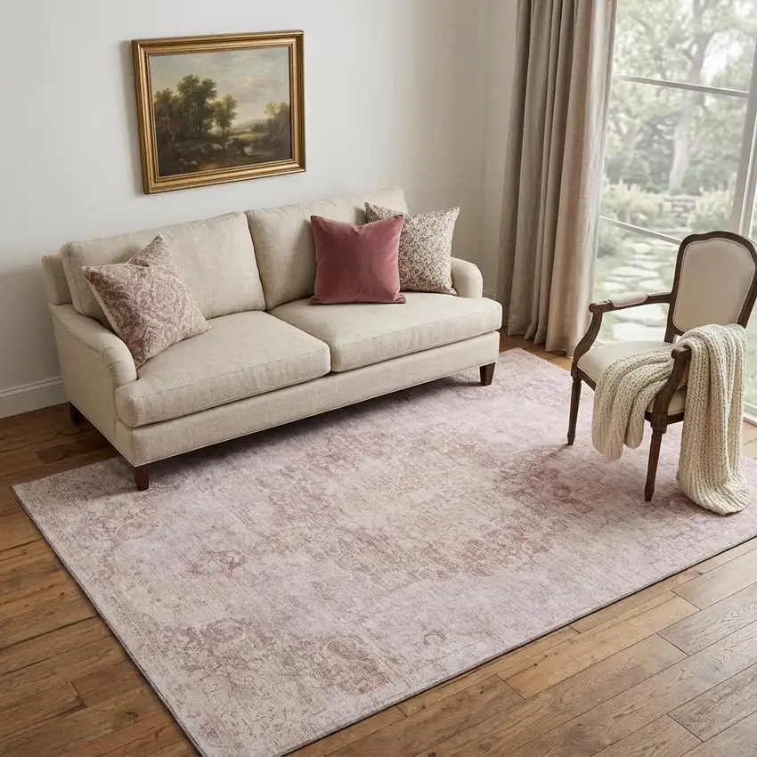 Pink And Ivory Oriental Washable Area Rug With UV Protection Photo 1