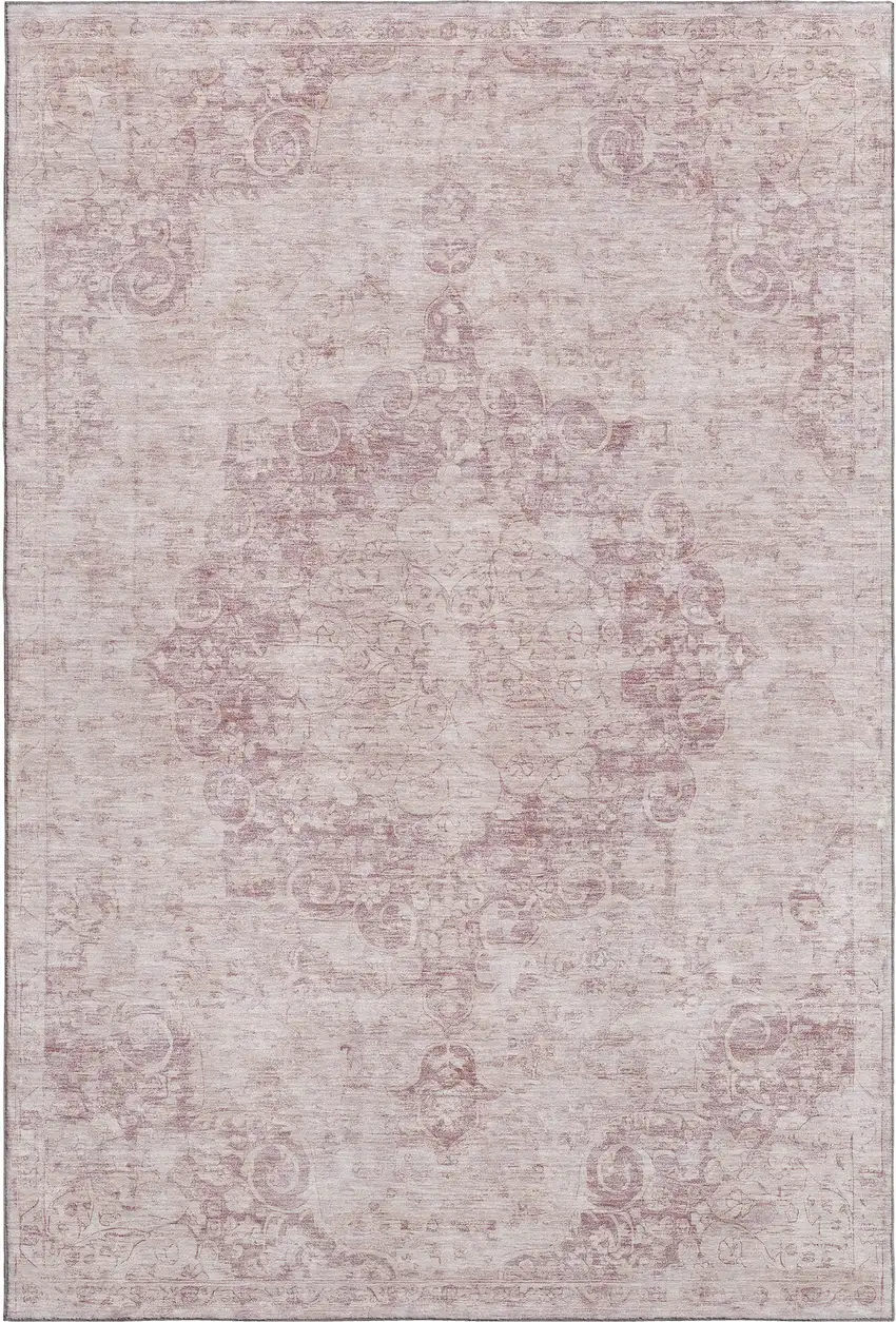 Pink And Ivory Oriental Washable Area Rug With UV Protection Photo 1