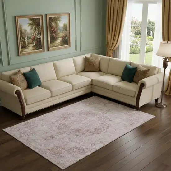 Pink And Ivory Oriental Washable Area Rug With UV Protection Photo 2