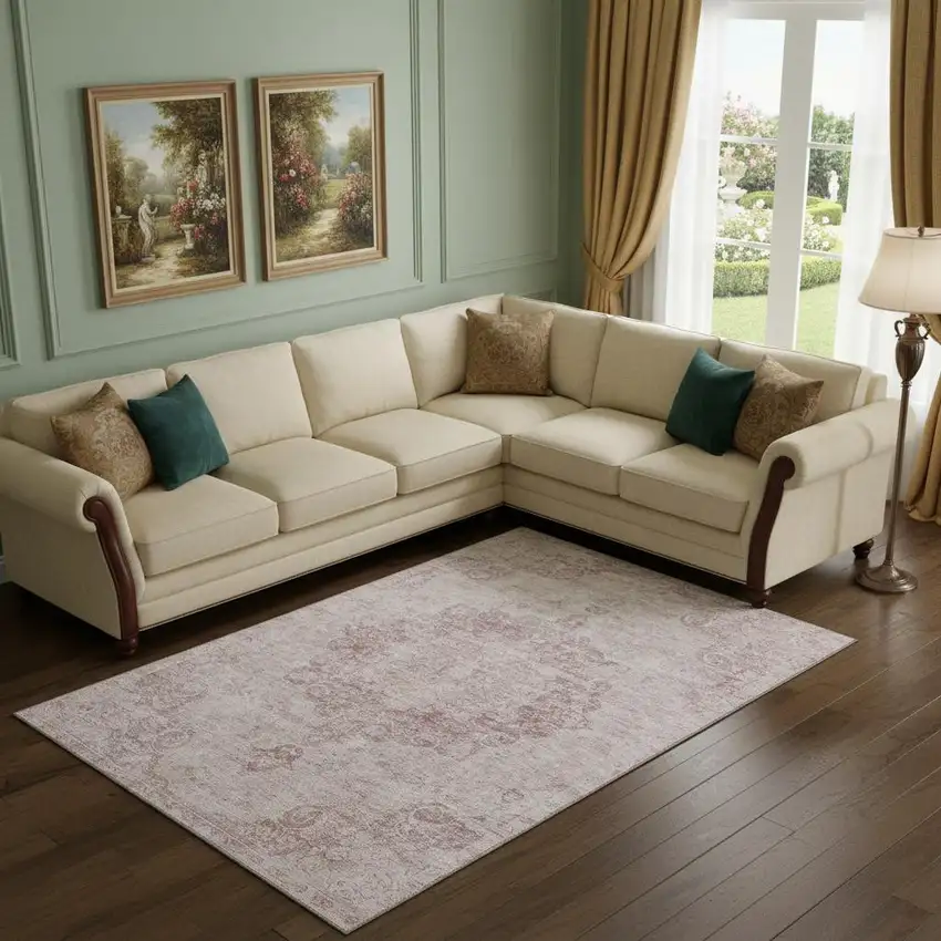 Pink And Ivory Oriental Washable Area Rug With UV Protection Photo 2