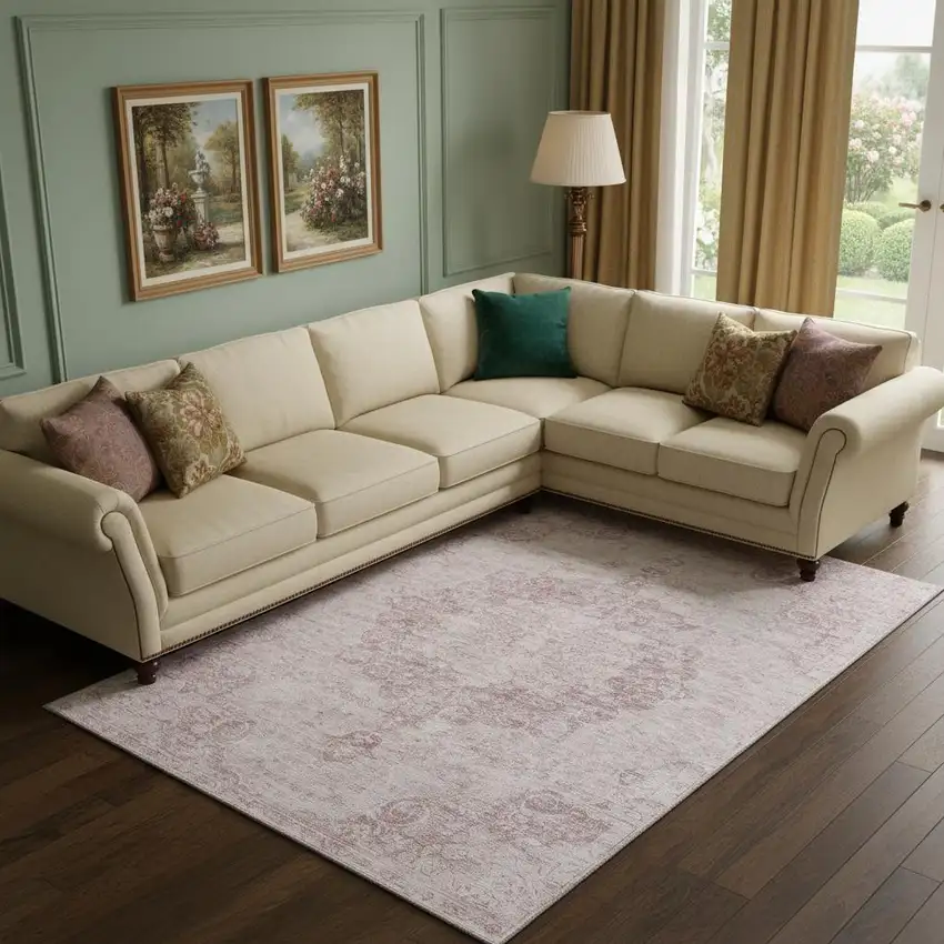 Pink And Ivory Oriental Washable Area Rug With UV Protection Photo 2