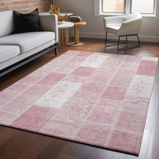 Pink And Ivory Patchwork Washable Area Rug With UV Protection Photo 4