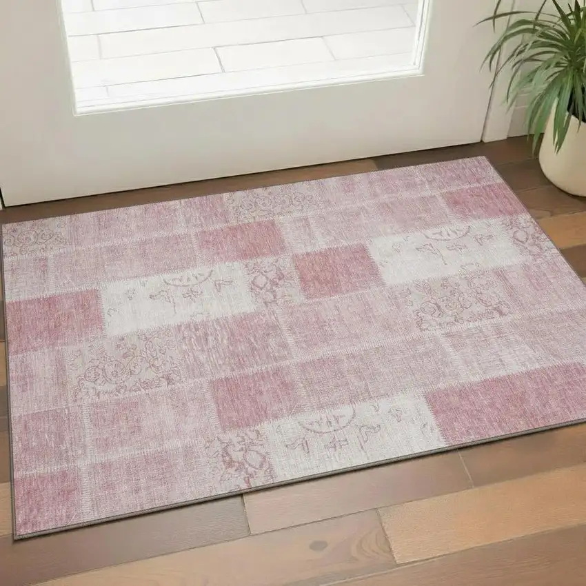 Pink And Ivory Patchwork Washable Area Rug With UV Protection Photo 1