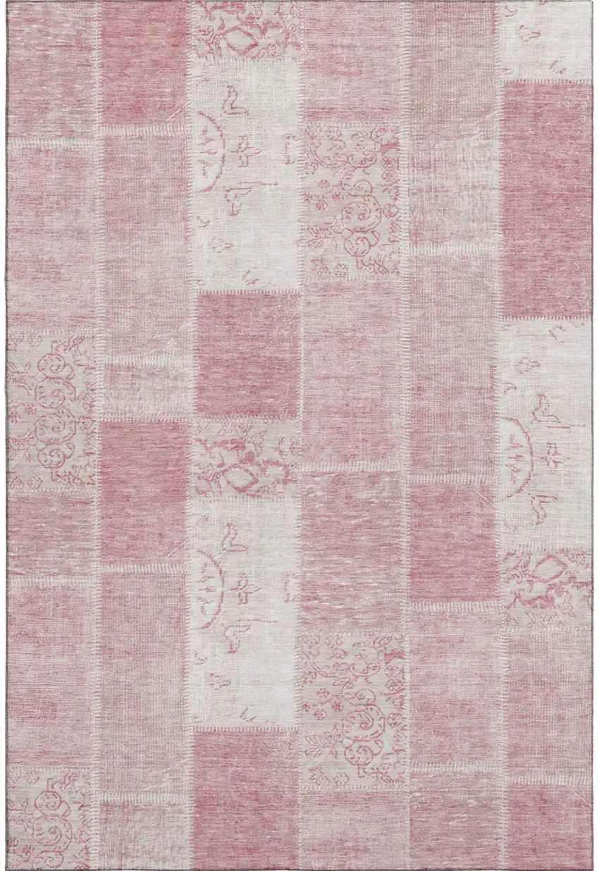 Pink And Ivory Patchwork Washable Area Rug With UV Protection Photo 1