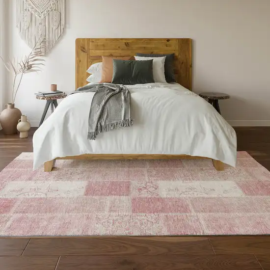 Pink And Ivory Patchwork Washable Area Rug With UV Protection Photo 5