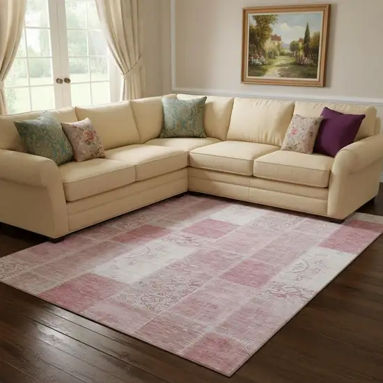 Pink And Ivory Patchwork Washable Area Rug With UV Protection Photo 1