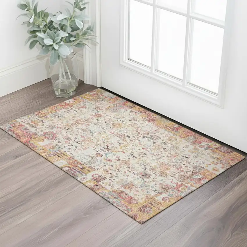 Pink And Ivory Patchwork Washable Area Rug With UV Protection Photo 2