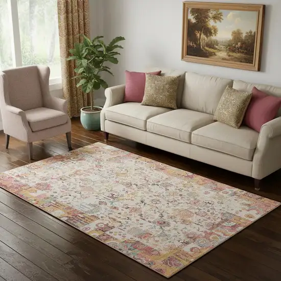 Pink And Ivory Patchwork Washable Area Rug With UV Protection Photo 1