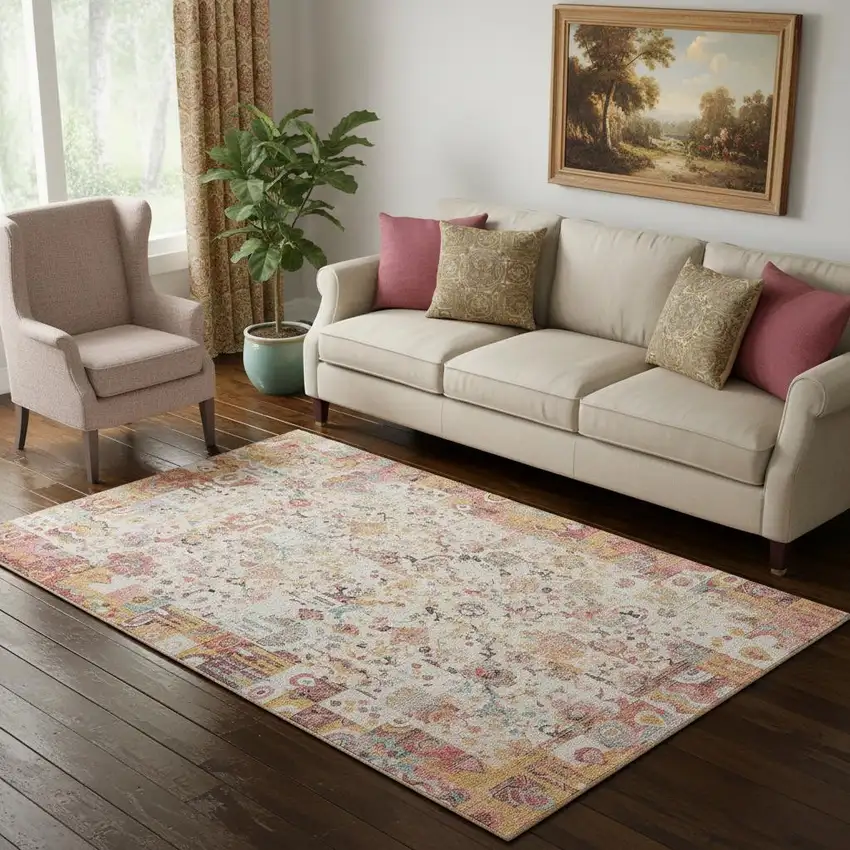 Pink And Ivory Patchwork Washable Area Rug With UV Protection Photo 1