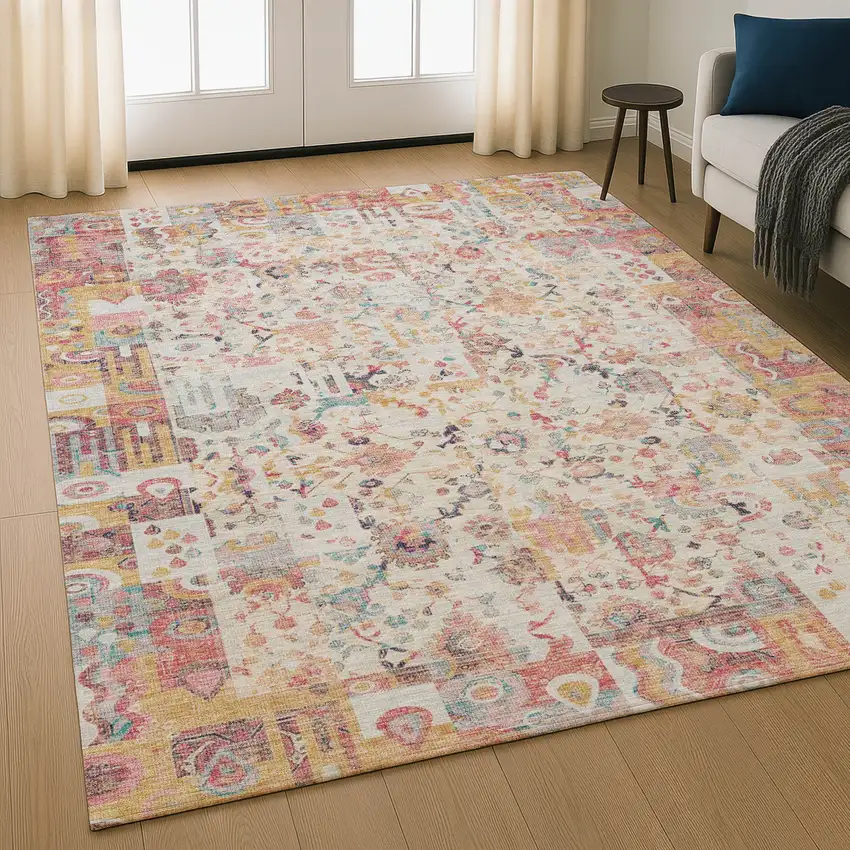 Pink And Ivory Patchwork Washable Area Rug With UV Protection Photo 5