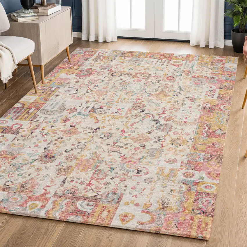 Pink And Ivory Patchwork Washable Area Rug With UV Protection Photo 6
