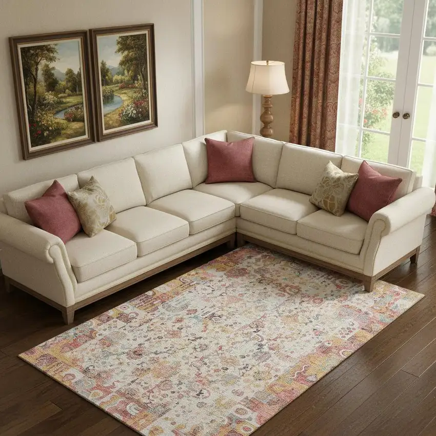 Pink And Ivory Patchwork Washable Area Rug With UV Protection Photo 1