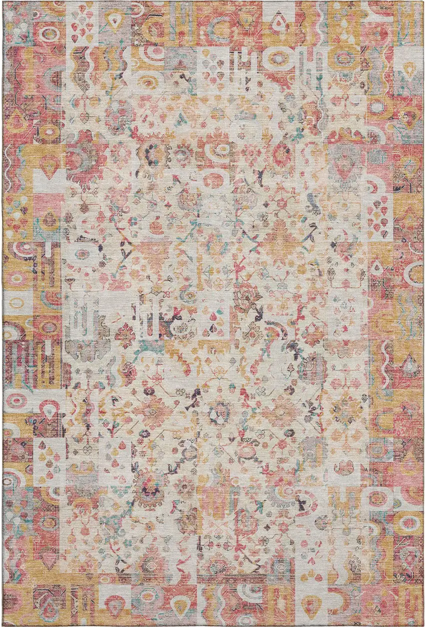 Pink And Ivory Patchwork Washable Area Rug With UV Protection Photo 1